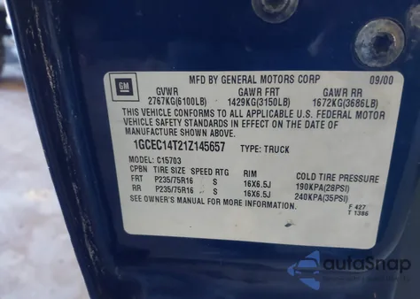 2001 Chevrolet Silverado 1500 z USA, uszkodzony, nr VIN 1GCEC14T21Z145657